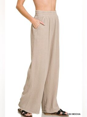 Zenana Ash Mocha Double Gauze Lounge Wide Leg Pants